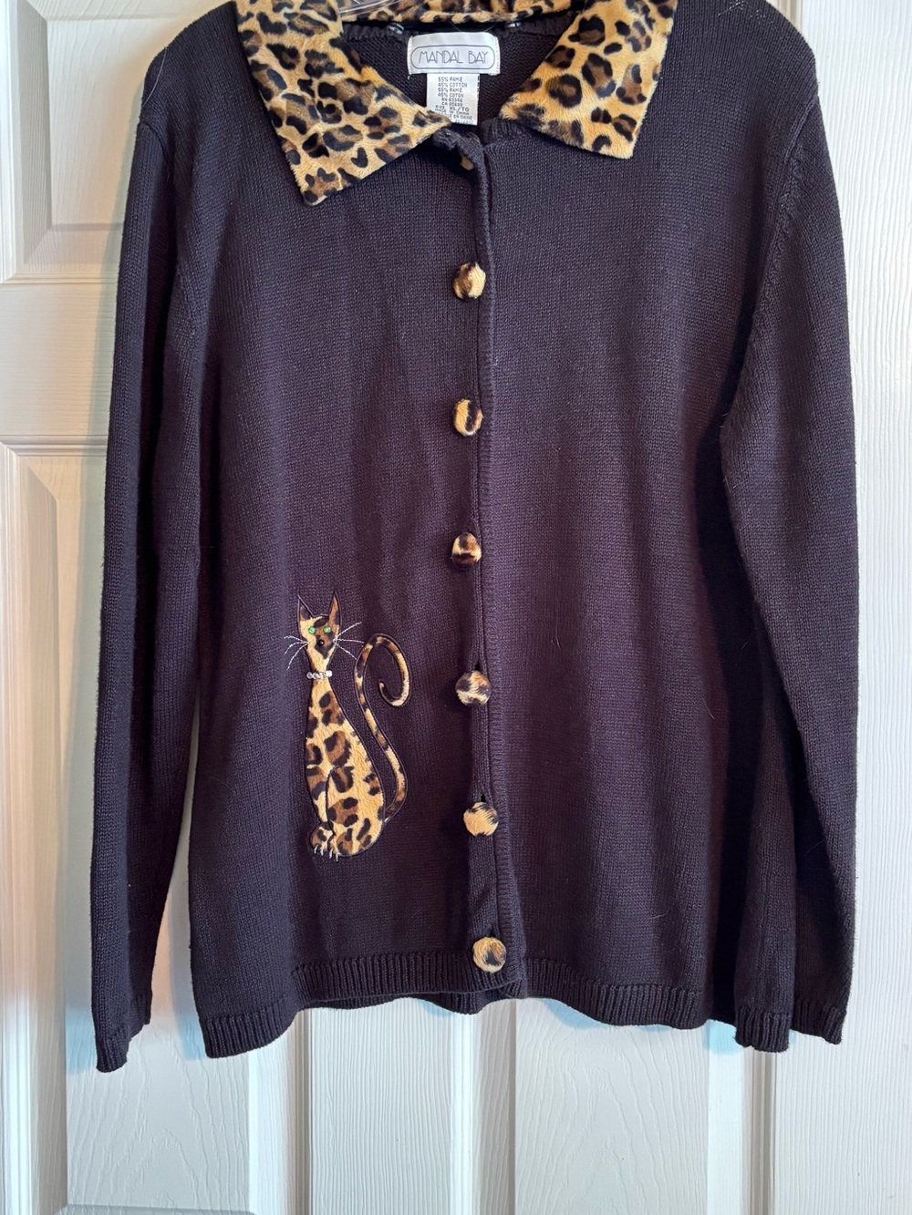 Black Cardigan with Leopard Collar and Cat Appliqué by Natalia Di